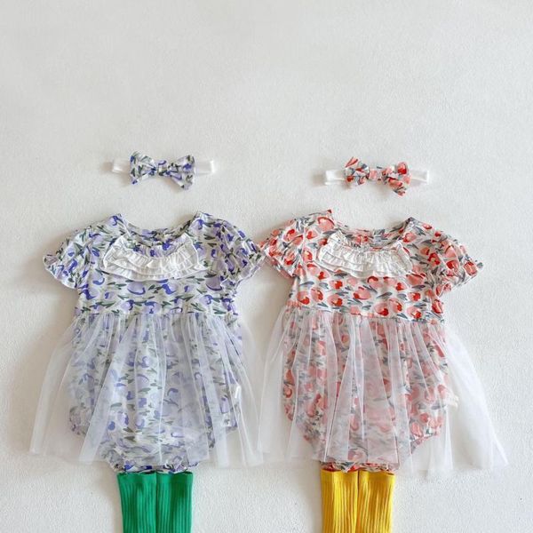 

newborn kids baby girl short sleeve fashion print bodysuit outfits sunsuit girls princess jumpsuit with headband 210413, White