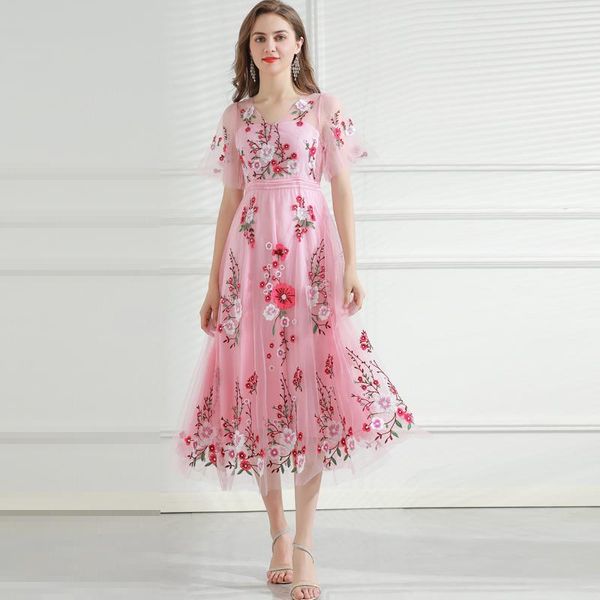 

casual dresses spring summer woman pink mesh embroidered flowers dress beach holiday high-end mid-length short sleeve fashion design 2021, Black;gray