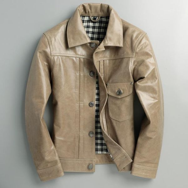 

men's leather & faux autumn and winter layer cow khaki jacket slim fit lapel, Black