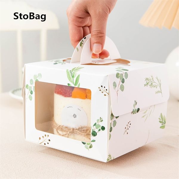 StoBag 10 Stück 4 Zoll mit Fenster Tragbare Kuchenbox Geburtstag Babypartybevorzugung verdickte Basis handgemachte Geschenkverpackung Patisserie 210724