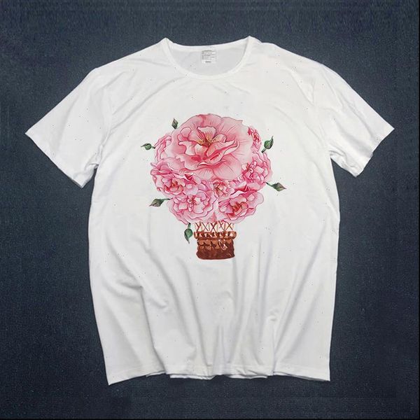 

summer watercolor flower balloon women cute cartoon graphic tee, White