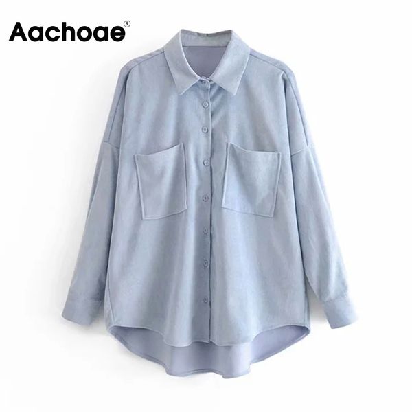 

aachoae solid corduroy shirt blouse women casual batwing long sleeve streetwear loose turn down collar shirts with pockets 210413, White
