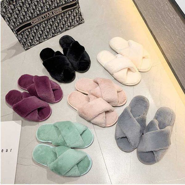 

winter/spring women house slippers faux fur warm flat shoes female slip on home furry ladies, Black