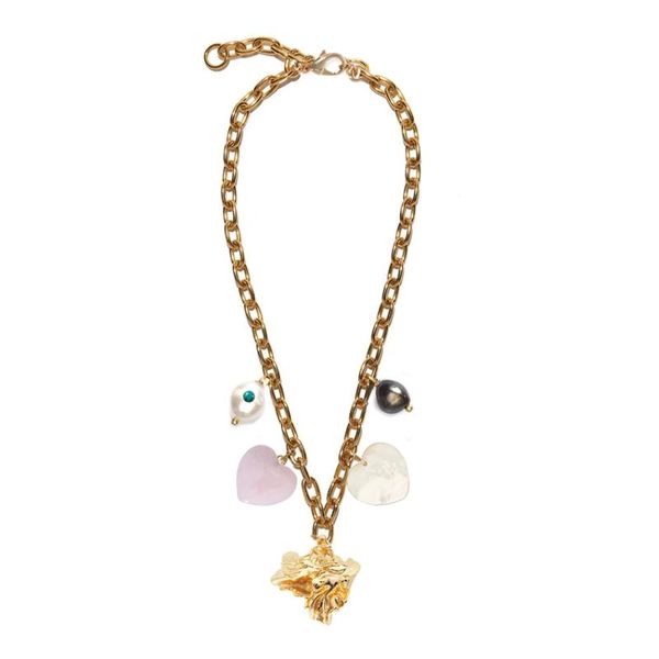 

colar women metal brass natural stone heart charm necklace freshwater pearl pendant links chain single strand chokers, Golden;silver