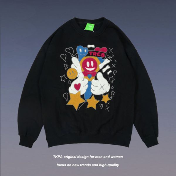 

tkpa guochao autumn and winter thickened smiling face flocking embroidered tide brand coat ins high street pullover men's sweater, Black