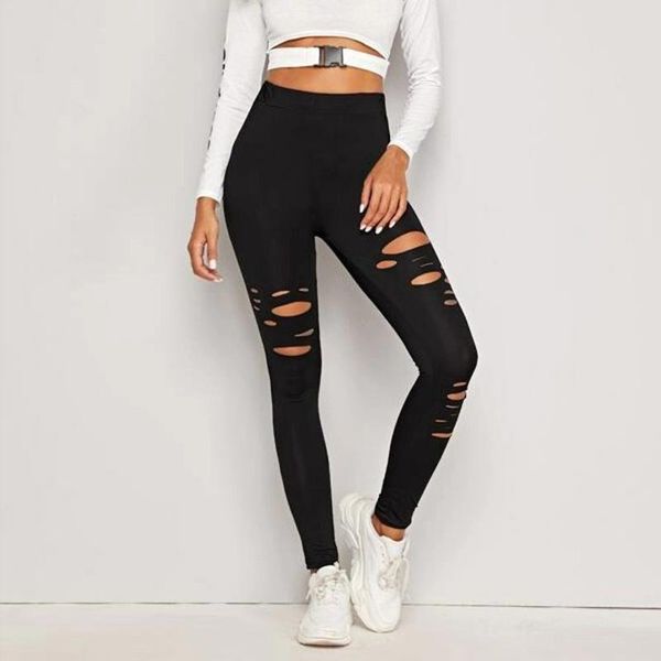 

women's leggings hole solid women fitness high waist legins push up punk leggins workout #t2g, Black