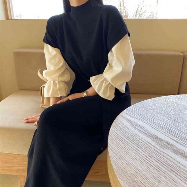 

korean chic eleant maxi long dresses knitted tank dress women solid vest robe autumn office lady vestido de mujer 210510, Black;gray