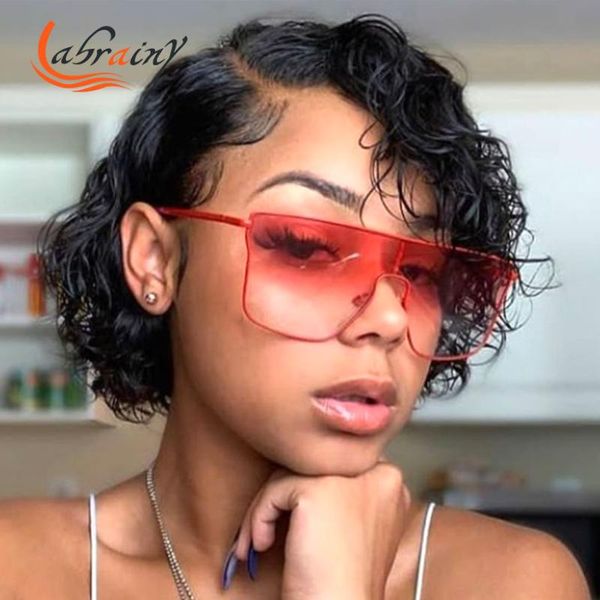 

lace wigs swiss transparent 4x4 pixie short cut bob frontal human hair kinky curly natural color pre plucked bleached knots13x2, Black;brown