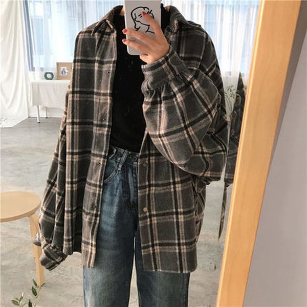 

women's jackets autumn plaid wool cardigan for women, casual korean wide shirt , female shirt, retro, button kkni, Black;brown