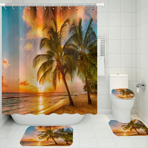 

shower curtains 3/4 pieces sunset sunrise scenery sets carpet cover toilet bath mat pad set bathroom curtain with 10 hooks