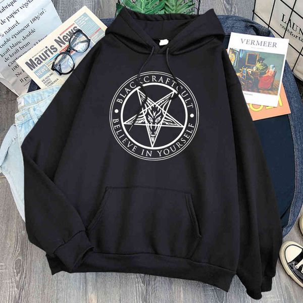 

men's hoodie, satan print, gothic pentagram, casual, loose, with pockets, hip-hop style, retro, comfortable, Black