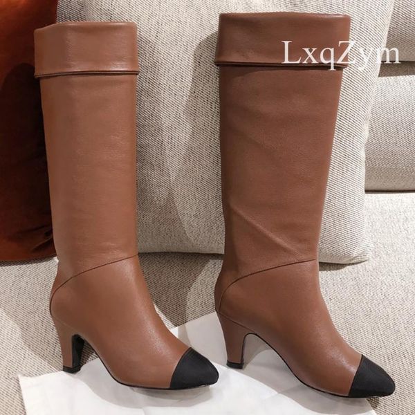

boots high heel women knee black natural leather round toe patchwork woman long elegant brown shoes