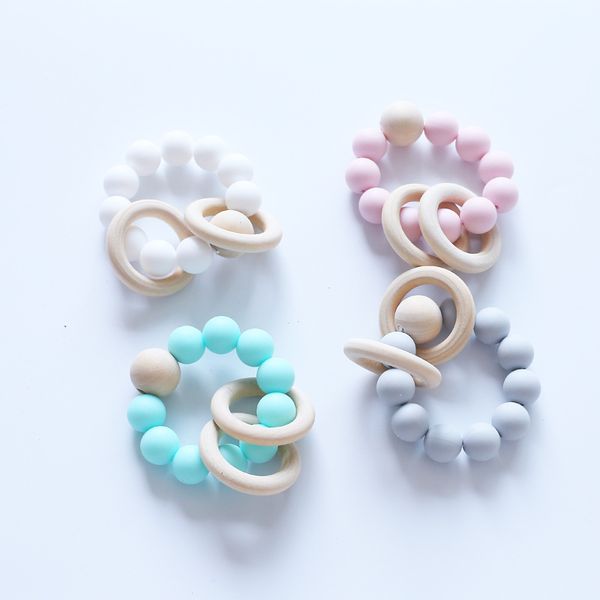 

12pcs baby teether rings food grade silicone and beech wood teething ring bracelet silicone teethers chew toys shower gifts bpa 198 b3