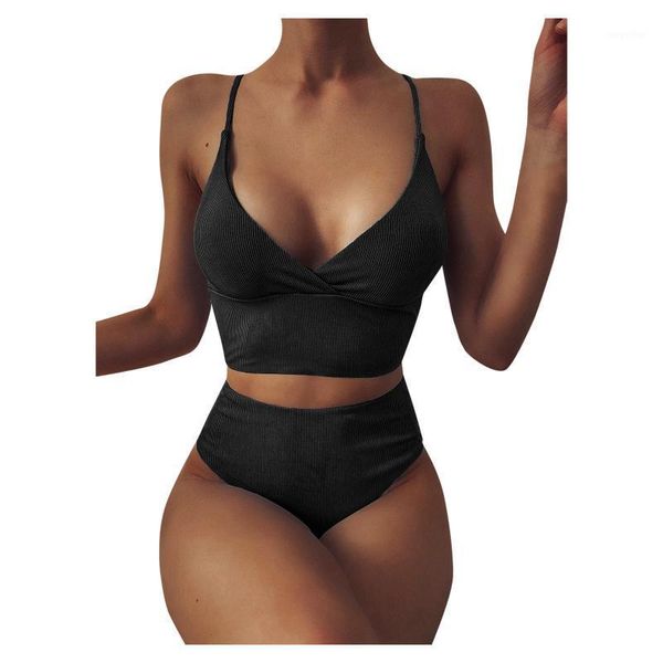 

women's swimwear 40#two-piece fashion bikini set women swimsuit bandeau bandage high waist push-up brazilian solid 2021, White;black