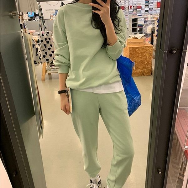 

autumn winter tracksuit solid colors hoodies and long pants outfit suits korean sportsuits two piece sets 210602, White