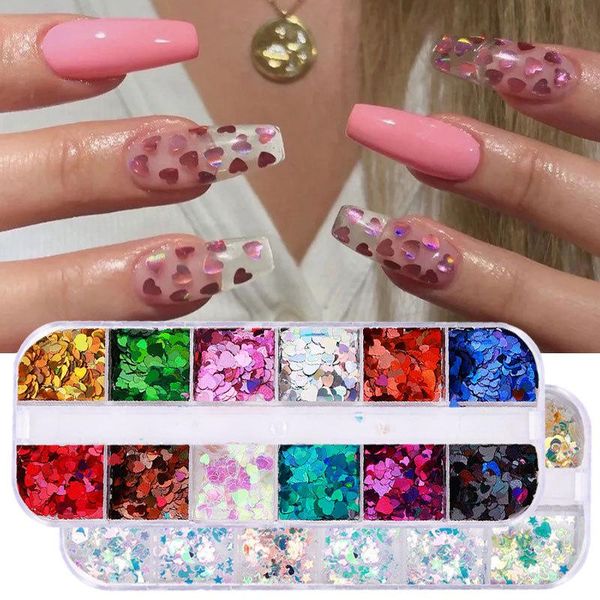 

nail art decorations sequins 3d laser holographic flakes chameleon color mix star love heart glitter foil manicure tool decoration, Silver;gold