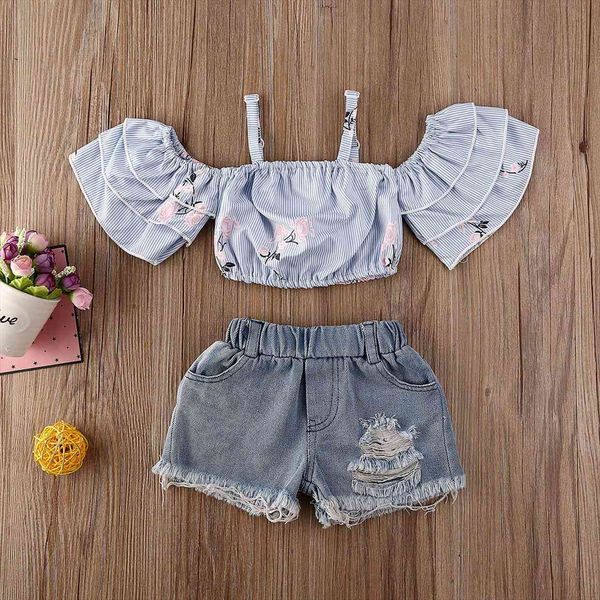 

toddler baby girl clothes summer striped flower printing ruffled sleeve short slip ripped shorts 2pcs outfits set, White