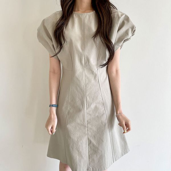 

vintage sundress women lady solid chic o neck puff sleeve a line slim summer casual simple office knee-length dress 210514, Black;gray