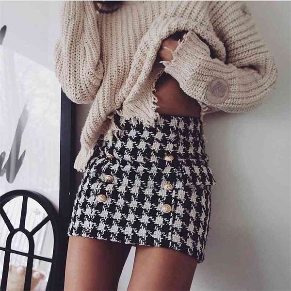 

high street new fashion runway designer skirt women's lion buttons double breasted tweed wool houndstooth mini skirt 210408, Black