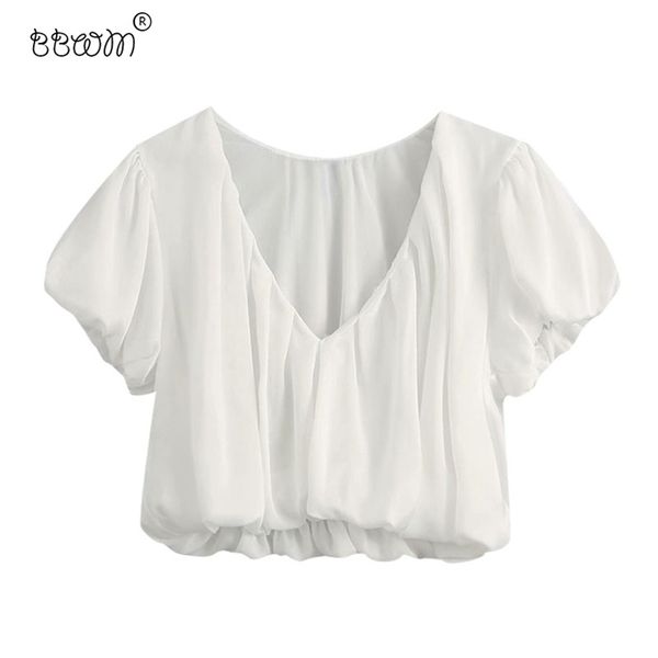 

women fashion white satin cropped blouses vintage v neck short sleeve shirts girls chic 210531