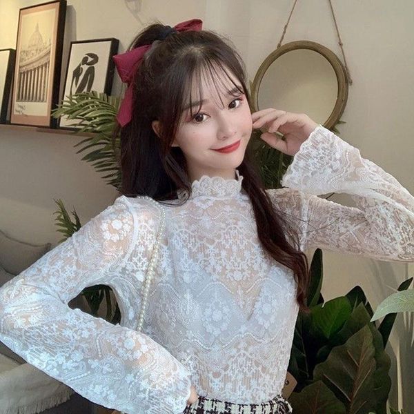 

hollow out black womens lace high collar solid color jacquard bottoming, White