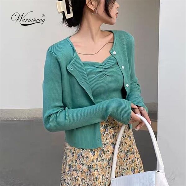 

spring 2 piece set ribbed knitted women cardigan + camisole outfits slim short long sleeve casual camis and cardigans c-243 210522, White