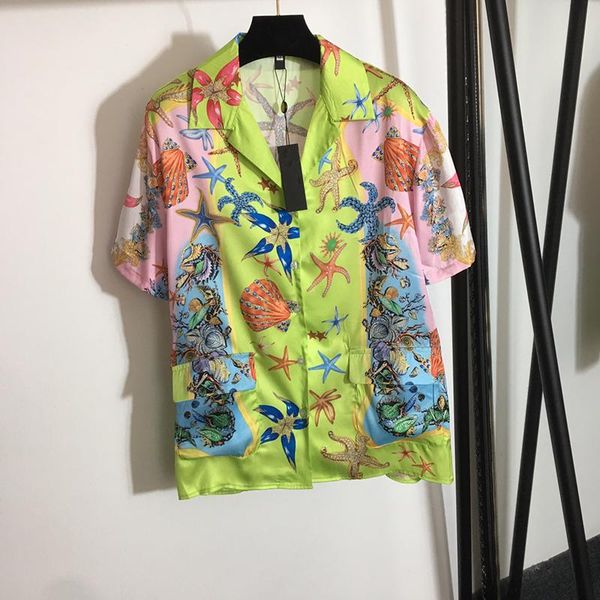 

women's blouses & shirts luxury designer 2021 high end party blouse women vintage short sleeve goth starfish shell printing lapel shirt, White