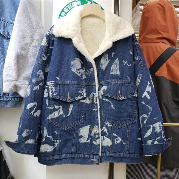 

women's jackets autumn harajuku print warm soft plus plush black denim parkas winter casual korean long sleeve jeans casacos de inverno, Black;brown