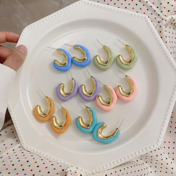 

hoop & huggie retro color earring korean version of ins wind u-shaped resin earrings girly style net red female jewelry, Golden;silver