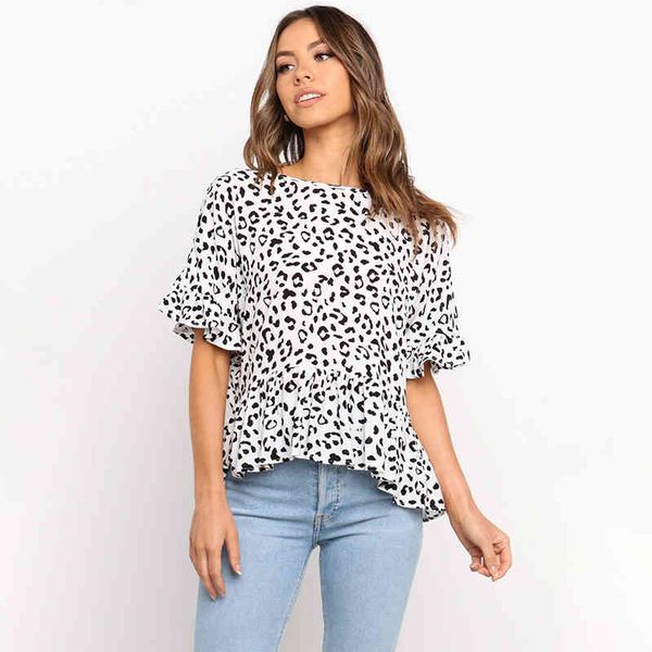 Frauen Leopard Unregelmäßige Rüschen Bluse Tops Sommer Kurzer Schmetterlingsarm Oansatz Weibliche Lose Freizeit Wear Streetwear Tops 210416