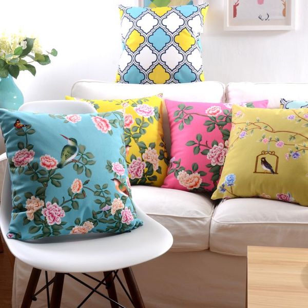 

euro bird flower geometric cushion cover velvet floral decorative throw pillow case soft colorful decor blue yellow two sides 18 cushion/dec