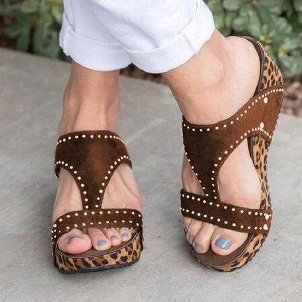 

slippers leopard women high heels shoes summer open toe wedges sandals rhinestone platform beach ladies slides big size, Black