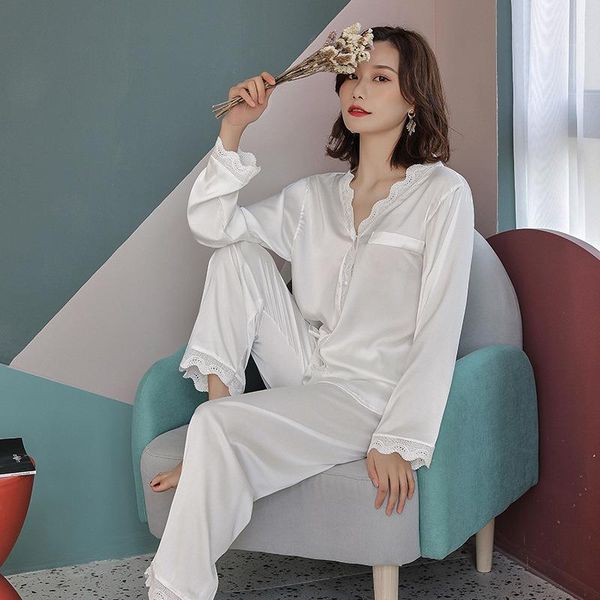

Women Sleepwear Pajama Set Long Sleeve Trousers Lace Satin Pajamas Two Piece White Black Spring Autumn Summer, Black;red