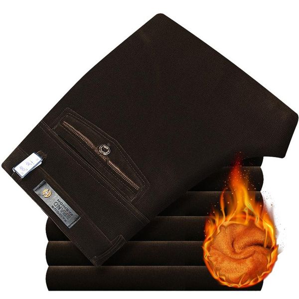 

men's pants quality gold cashmere trousers men middle-aged winter plus velvet thick warm corduroy loose straight size 42, Black