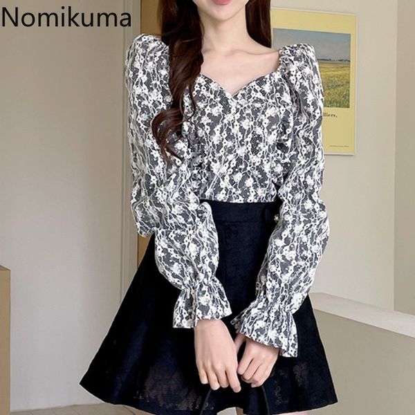 

nomikuma lace patchwork long sleeve blouse camisas square collar floral printed vintage shirt women chic blusas mujer 210514, White