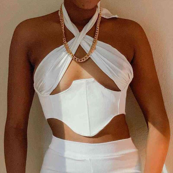 

quanrun elegant fashion sleeveless halter womens cami crop party club streetwaer zipper solid color femmel bra spring summer, White