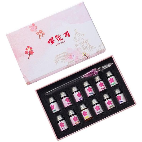 

refills 13pcs/set cherry blossom rain bottled dip glass pen ink with fountain writing signature art supplies gifts m17f, Black;red