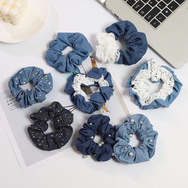 

arrived women denim fabric bead lace hair bands scrunchies girl's fashion accessories ponytail holder1