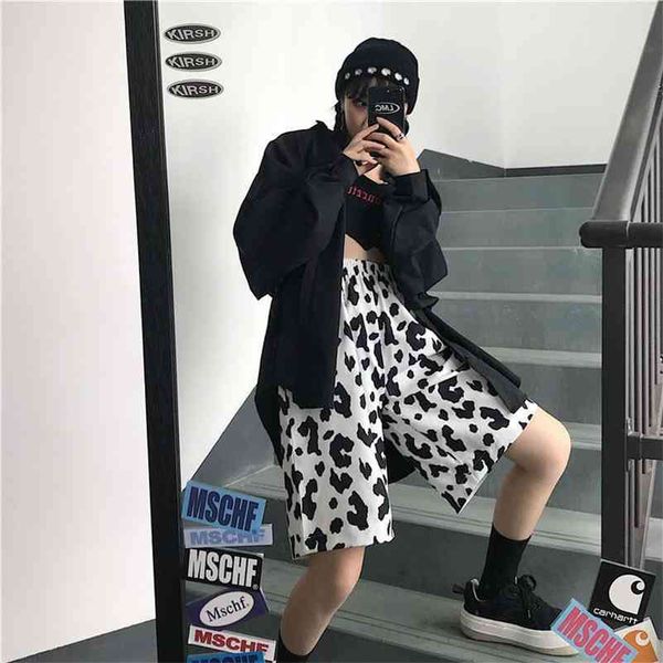 Houzhou Cow Print Высокая талия Шорты Женские Harajuku Широкие Женские Средние Бедро Гранж Безвозмездная Спортивные Шорты Уличная корова Узор 210625