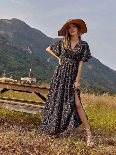 

allover floral print split thigh belted dress l4ux#, Black;gray
