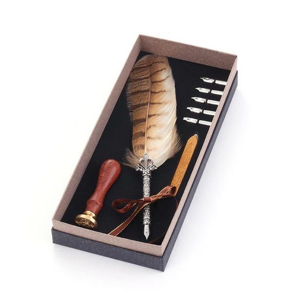 

creative personality natural feather pen vintage dip water metals fountain gift box set birthday 5 nib pens