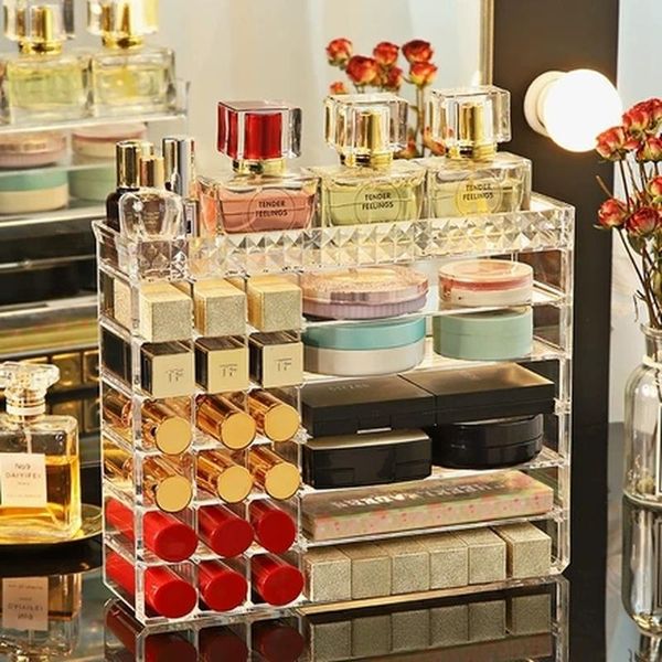 Organizzazione di stoccaggio per il bagno Scatola per organizer per trucco in acrilico Rossetto Ombretto Cuscino d'aria Mensola Espositore per divisori per cassetti trasparente