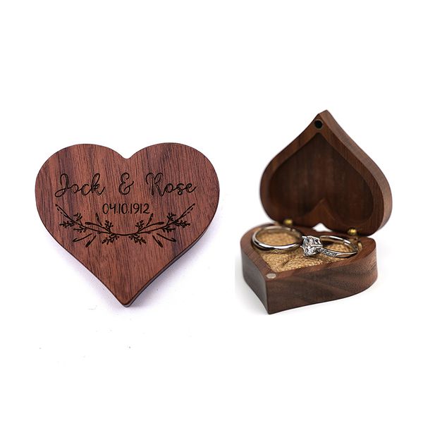 Caixas de armazenamento de jóias de madeira em branco DIY gravura casamento retro coração em forma de caixa de anel criativo suprimentos de embalagem