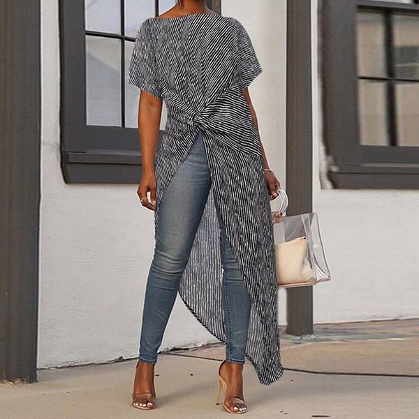 

women's blouses & shirts leopard print irregular hem long blouse summer short sleeves with cross knot female streetwear side split, White