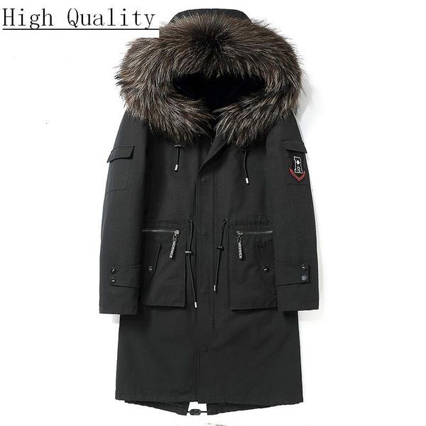 

men's leather & faux parka real fur coat long winter jacket natural liner warm parkas raccoon collar hooded z8815 kj1598, Black