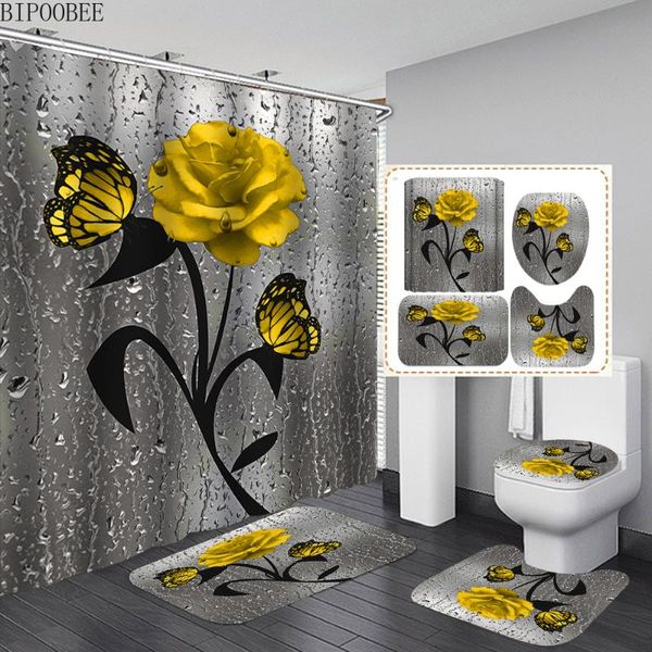 

yellow butterfly rose flower bathroom curtains set waterproof shower curtain and bath mats rug toilet lid cover non slip carpet