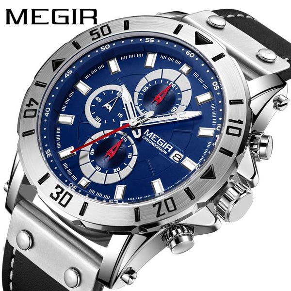 

wristwatches megir 2021 watches fashion men's watch waterproof sport chronograph leather calendar luminous quartz relogio masculino 208, Slivery;brown