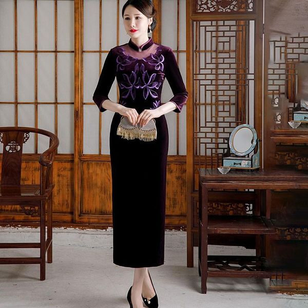 

ethnic clothing embroidery floral cheongsam lady velour qipao big size 3xl-4xl evening party dress chinese calssic collar slim vestidos, Red