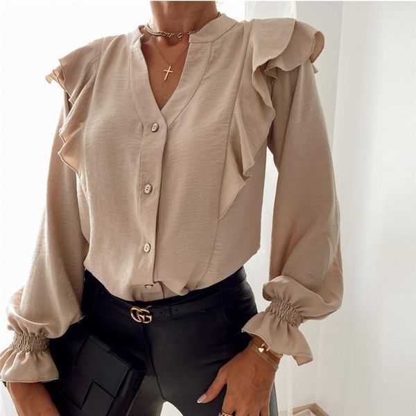 

women's ruffles blouse autumn winter v neck casual office plus size fashion solid ladies shirts white black khaki blouses &