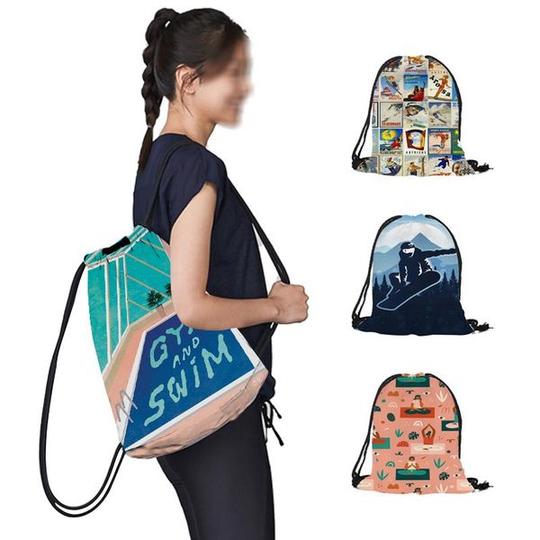 

casual sport theme skiing painting 2021 fashion drawstring bag backpacks women large capacity rucksack shoulders backpack